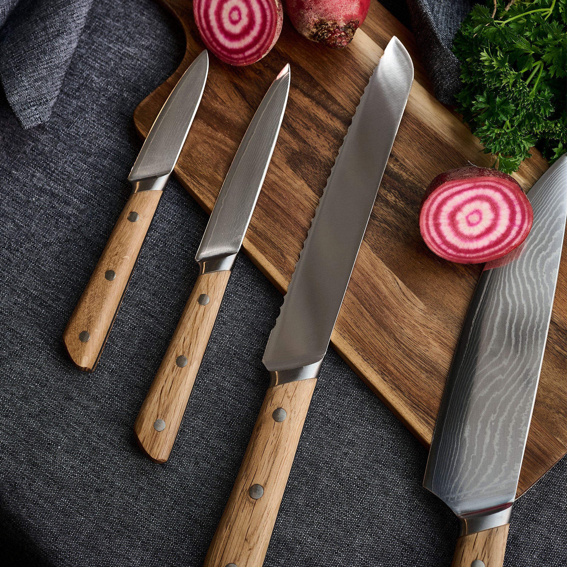 Damastmesser-Set, 4-teilig, Eichenholz