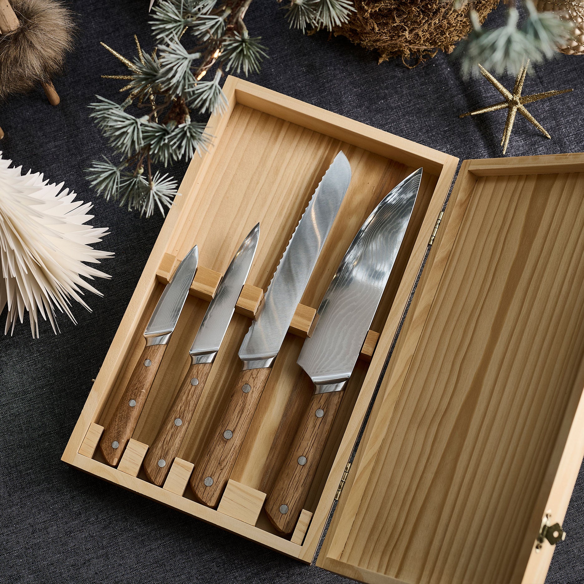 Damastmesser-Set, 4-teilig, Eichenholz