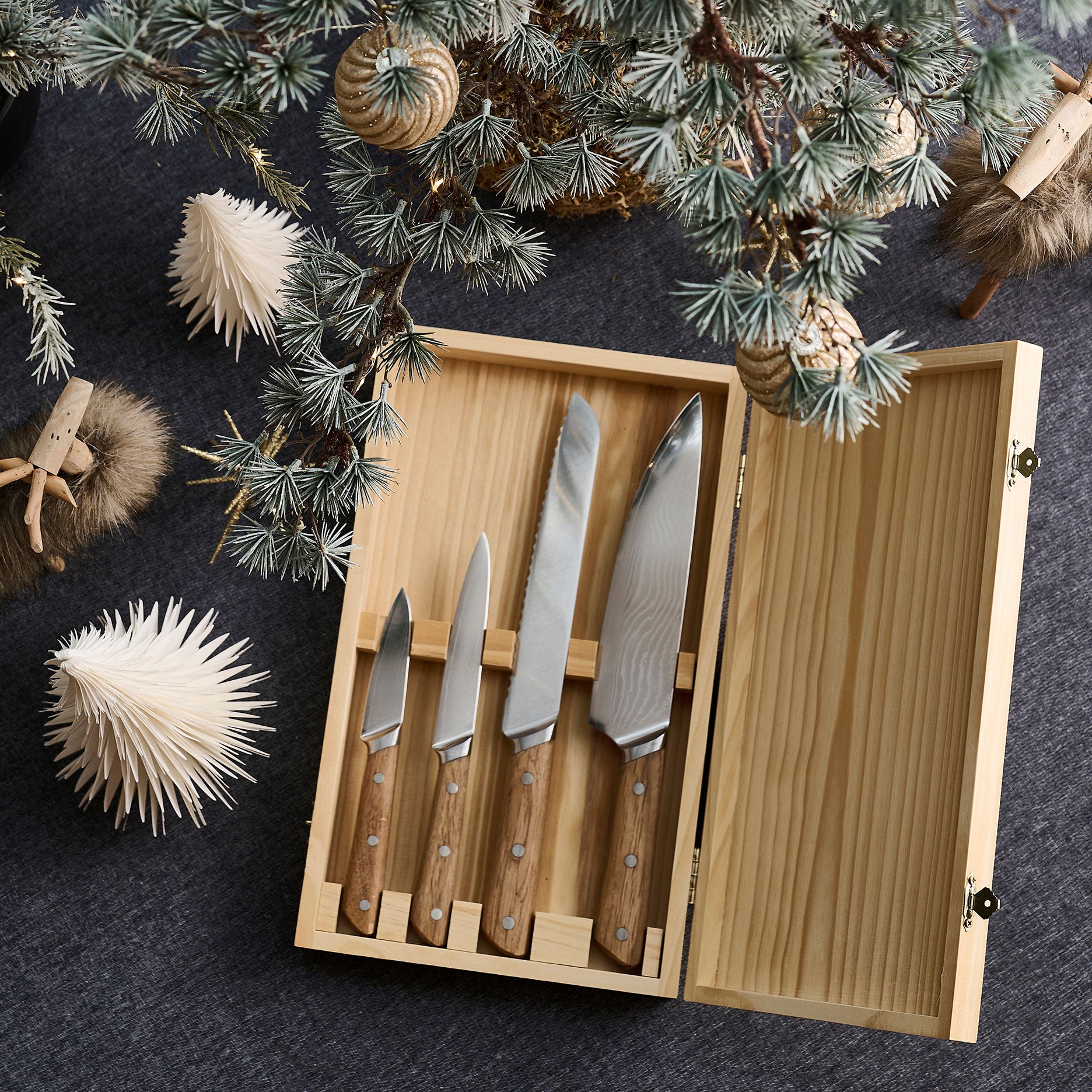 Damastmesser-Set, 4-teilig, Eichenholz