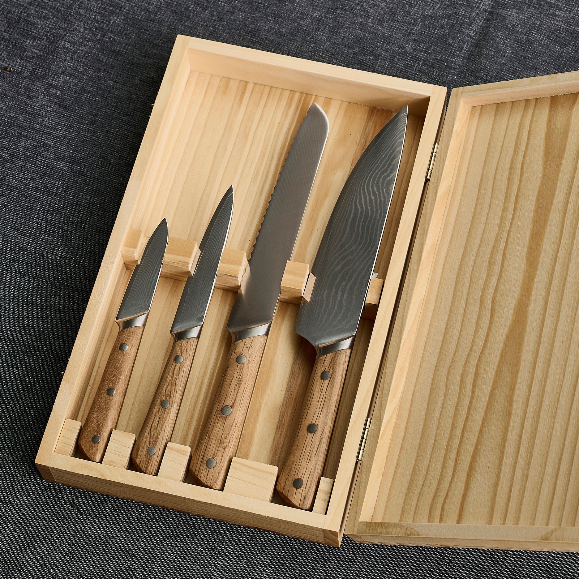 Damastmesser-Set, 4-teilig, Eichenholz
